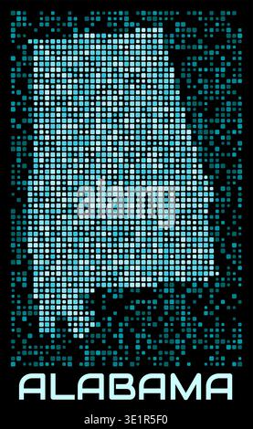 Alabama, Stati Uniti, mappa digitale punteggiata. Forma dello stato nella tavolozza dei colori ciano su sfondo scuro. Futuristica progettazione di mappe in Alabama, Stati Uniti. Illustrazione Vettoriale