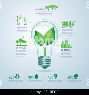 concetto di ecologia o di energia verde infografica, lampadina realistica con foglia all'interno Illustrazione Vettoriale