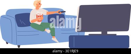 Giovane con un sacco di popcorn seduto sul divano e guardando un film sulla grande TV. Ragazzo sul divano di fronte alla televisione. Soggiorno. Home Entertainment Illustrazione Vettoriale
