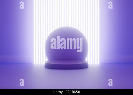 Podio 3d viola con linee luminose verticali brillanti Foto Stock