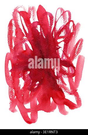 Acquerello astratto su sfondo bianco, con tratti in diverse tonalità di colore rosso. Schema dinamico ed espressivo simile a fiori, burst o fuochi d'artificio. Emozioni, stress, arte terapia Foto Stock