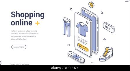 Modello di banner isometrico per lo shopping online. Illustrazione vettoriale di un'app mobile per l'acquisto di vestiti. Concetto moderno per un sito di e-commerce e di Illustrazione Vettoriale