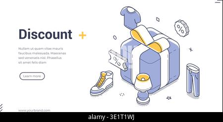 Modello di banner isometrico per una vendita scontata. Illustrazione vettoriale di una confezione regalo con vestiti e mobili. Concetto moderno di offerta speciale online Illustrazione Vettoriale