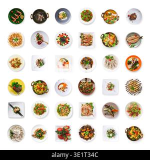 Collage di piatti del ristorante isolati sul bianco Foto Stock