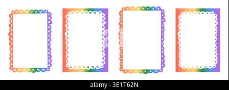 Set di cornici rainbow sfumate retrò con bordi smerlati e ondulati disegnati a mano. Vivaci cornici Pride per biglietti d'auguri, menu, etichette regalo Illustrazione Vettoriale