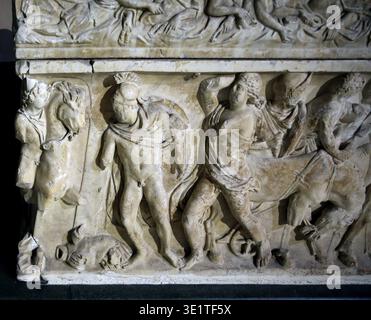 Sarcofago di Meleagros. Marmo. Durazzo (Dake, Turchia). Era romana. II secolo d.C. Dettagli. Foto Stock