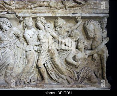 Sarcofago di Meleagros. Marmo. Durazzo (Dake, Turchia). Era romana. II secolo d.C. Lamentele della sua famiglia. Foto Stock