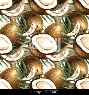 Acquerello tropicale motivo senza cuciture cocco, intero, metà e fetta frutta estiva con vegetazione. Illustrazione esotica disegnata a mano isolata per sostanze organiche Foto Stock
