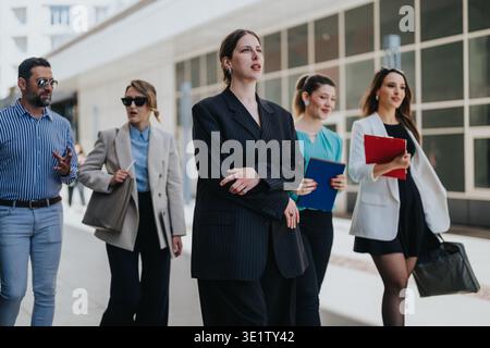 Donna d'affari fiduciosa che guida un team eterogeneo di colleghi che esce fuori da un moderno edificio di uffici Foto Stock
