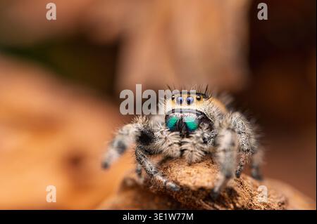 Il ragno saltante (Phidippus regius) riposa su una roccia marrone nell'habitat naturale. Sono visibili chelicere verdi prominenti e grandi occhi anteriori. Foto Stock