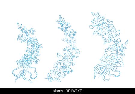Bordi floreali con fiori, ramoscelli e foglie. Illustrazione vettoriale. Corone tonde disegnate a mano con archi, realizzate in stile lineare, isolate su una Illustrazione Vettoriale