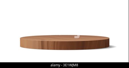 Realistico podio in legno isolato 3d per prodotti cosmetici. Tavolino circolare con superficie liscia e ruvida e venatura in legno naturale. Piatto in legno realistico con illuminazione soffusa per un mockup cosmetico Illustrazione Vettoriale
