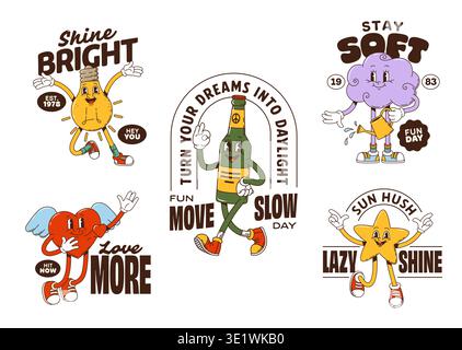 Personaggi hippie originali, adesivi e stampe di t-shirt. Lampadina vettoriale cartoni animati, bottiglia, nuvola, cuore e star personaggi retrò con slogan come brillare, amare di più, rimanere morbidi e prendere il sole Illustrazione Vettoriale