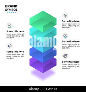 Modello infografico con icone e 5 opzioni o passaggi. Blocchi di vetro. Può essere utilizzato per layout del flusso di lavoro, diagrammi, banner, webdesign. Illustrazione vettoriale Illustrazione Vettoriale