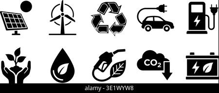 Questa collezione completa di icone ambientali presenta un design nero pulito e solido che rappresenta fonti di energia rinnovabili e pratiche ecocompatibili Illustrazione Vettoriale