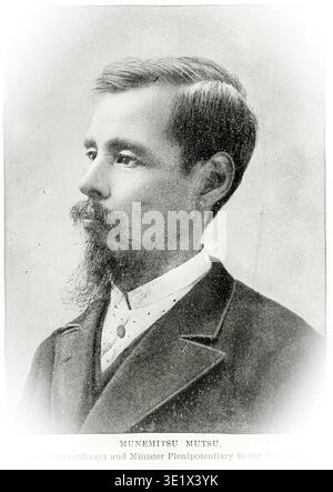 Munemitsu Mutsu, un importante diplomatico e politico giapponese, è visto in un antico ritratto che rappresenta il suo ruolo significativo nella Restaurazione Meiji e nel Trattato di Shimonoseki. Dal capitolo CLVI — Giappone. Dal LIBRO XXVII. Nazioni orientali nel volume 16 della storia universale di Ridpath un resoconto dell'origine, della condizione primitiva e dello sviluppo etnico delle grandi razze dell'umanità, e dei principali eventi nell'evoluzione e nel progresso della vita civile tra uomini e nazioni, da fonti recenti e autentiche con un'indagine preliminare sul tempo, il luogo e le modalità dell'inizio Foto Stock