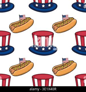 Modello vettoriale senza cuciture di cappelli e hot dog dello zio Sam con bandiere americane, per festeggiare il 4 luglio. Illustrazione Vettoriale