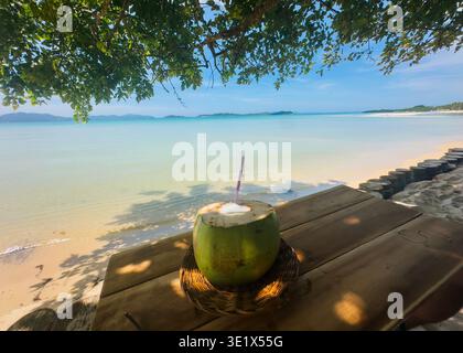 Bevanda fresca di cocco su un tavolo di legno che si affaccia sulla spiaggia di Pamuayan, Port Barton, Palawan, Filippine, con mare calmo e ambiente tropicale ombreggiato. Foto Stock