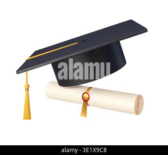 cappellino per studenti con laurea in 3d con nappina e diploma. Obiettivo di studio Academy concetto vettoriale isolato, icona di laurea realistica universitaria. Il successo degli studenti universitari complimenti per il simbolo 3D. Illustrazione Vettoriale