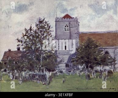 Dorchester Abbey Old English Church in piedi accanto a una casa e un cimitero tranquillo sotto un cielo nuvoloso, raffigurante una scena pastorale in un tradizionale stile di pittura ad acquerello che ricorda l'arte storica. Il Tamigi di Menpes, Mortimer, 1855-1938; Mitton, G. E. (Geraldine Edith) data di pubblicazione 1906 Foto Stock