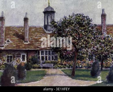 Almshouses of Abingdon Vecchio edificio che mostra architettura tradizionale, con diversi camini, una piccola torretta gazebo e un lussureggiante giardino verde con alberi e un sentiero tortuoso. Il Tamigi di Menpes, Mortimer, 1855-1938; Mitton, G. E. (Geraldine Edith) data di pubblicazione 1906 Foto Stock
