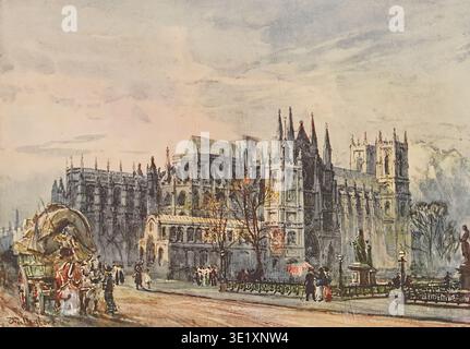 L'Abbazia di Westminster, che si erge in modo prominente come un monumento architettonico storico, cattura i dettagli della vita quotidiana con i pedoni e un carro trainato da cavalli in una trafficata strada londinese di un'epoca classica. Abbazia di Westminster dipinta da John Fulleylove data di pubblicazione 1904 Foto Stock
