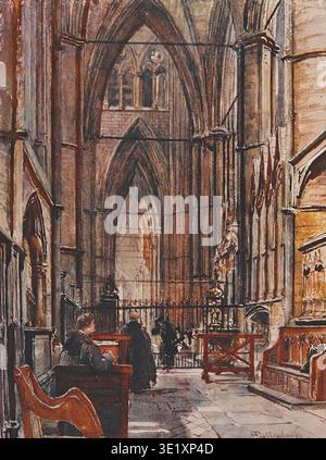 Le persone sono sedute e in piedi all'interno dell'imponente interno gotico dell'Abbazia di Westminster, con i suoi torreggianti archi, le colonne scanalate, i dettagli ornati e la ricca atmosfera storica. Abbazia di Westminster dipinta da John Fulleylove data di pubblicazione 1904 Foto Stock