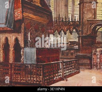 Gli interni ad acquerello del coro dell'Abbazia di Westminster mostrano bancarelle di coro in legno intagliato, altare e dettagli ecclesiastici storici che trasmettono solenni eredità e devozione. Abbazia di Westminster dipinta da John Fulleylove data di pubblicazione 1904 Foto Stock