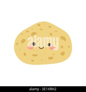 Simpatica mascotte di patate con emoji cartoni animati per un'illustrazione divertente. Dolce vettoriale felice con kawaii bruno di patate per chip antropomorfi Illustrazione Vettoriale
