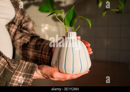 Le mani della persona presentano delicatamente un vaso decorativo in ceramica bianca con sottili strisce blu, tenendo in mano una piccola pianta verde tagliata per la propagazione, simboleggiando la cura per la vita domestica e la natura Foto Stock