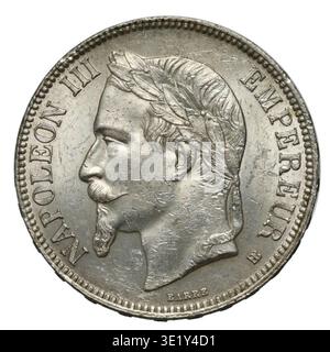 Questa moneta da 5 franchi del 1868 raffigura l'imperatore Napoleone III ed è stata emessa durante il regno dell'Impero francese. Simboleggia l'influenza politica ed economica di Napoleone III sulla Francia durante il XIX secolo. Foto Stock