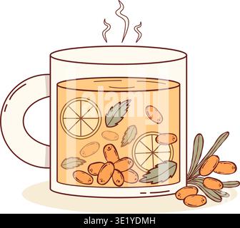 Tè caldo di Buckthorn in tazza di vetro con fette di agrumi e menta. Accogliente bevanda autunnale con vapore e frutti di bosco freschi. Illustrazione vettoriale isolata Illustrazione Vettoriale