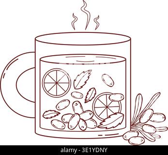 Delinea il tè del Buckthorn del mare caldo in tazza di vetro con fette di limone e menta. Accogliente bevanda autunnale con vapore e frutti di bosco freschi. Linea isolata d Illustrazione Vettoriale