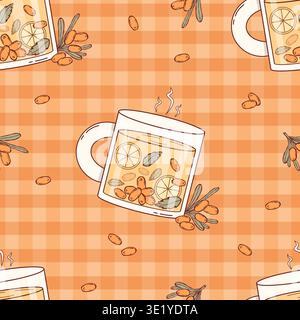 Tazza da tè caldo Sea Buckthorn con motivo senza cuciture. Tazze di vetro con fette di limone, frutti di bosco e foglie di menta su sfondo Orange Gingham Checkered. Illo vettoriale Illustrazione Vettoriale