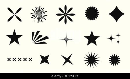 Collezione rétro futuristica di icone scintillanti. Serie di forme a stella. Illustrazione vettoriale dell'effetto di lucentezza fredda astratta Illustrazione Vettoriale