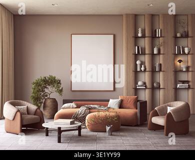 Moderno mockup soggiorno con cornice vuota e mobili in terracotta Foto Stock