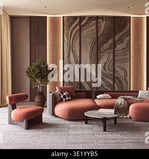Moderno soggiorno di lusso con divano in terracotta Foto Stock