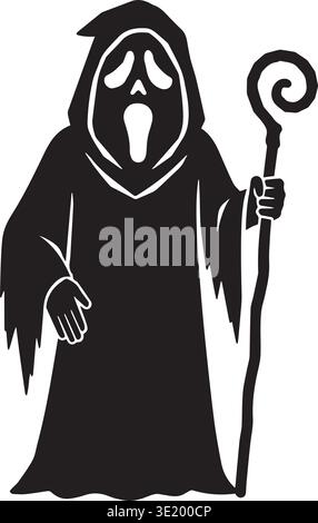Fantoccio urlante con cappuccio che tiene il personale curvo in vestaglia oscura stasera Illustrazione Vettoriale