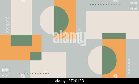 Sfondo geometrico moderno con rettangoli e semicerchi sovrapposti in una delicata tavolozza di arancione, verde e crema su una base azzurra. Illustrazione Vettoriale