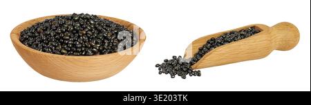 Fagioli neri o Urad dal, grammo nero, vigna mungo in una ciotola di legno e cucchiaio isolato su sfondo bianco Foto Stock