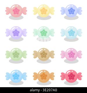 Un set di 12 carine icone a forma di stella in colori pastello. Ideale per fogli di adesivi, feste per bambini, icone Web e marchi di dolci negozi. Divertimento Illustrazione Vettoriale