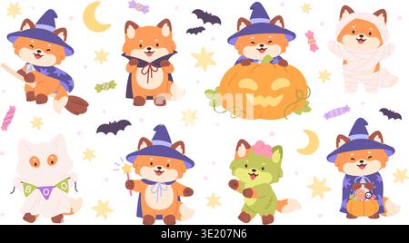Personaggi della volpe di Halloween. Belle volpi costumi diversi. Divertente strega animale, in melma, fantasma e mummia, vampiro. Mascotte per bambini cartoni animati, vettore di razzie Illustrazione Vettoriale