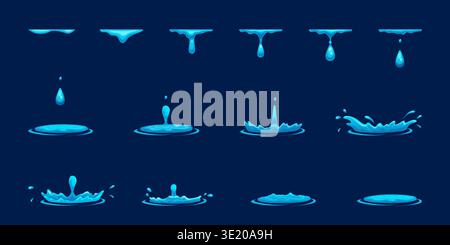 Animazione gocciolamento d'acqua. Foglio di sprite a goccia liquida, pioggia goccia goccia spruzzo gioco 2d Aqua fx effetto cascata flusso ondulato cadute movimento cartoni animati ingegnosa illustrazione vettoriale grafica originale Illustrazione Vettoriale
