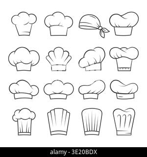Set di sedici cappelli da chef e profili headwear in diverse forme su sfondo bianco. Concetto di icone culinarie Illustrazione Vettoriale