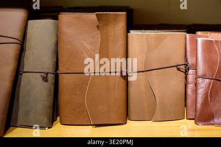 Fila di diari vintage rilegati in pelle legati con cordoncino su ripiano in legno, tonalità rustiche calde, primo piano di copertine usurate, diario di archiviazione o di viaggio Foto Stock