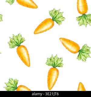 Motivo ad acquerello senza cuciture con carote e verdi arancioni su sfondo trasparente. Illustrazione ad acquerello fatta a mano Foto Stock