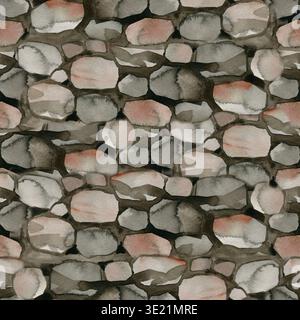 Motivo ad acquerello senza cuciture di una parete in pietra dipinta a mano. La struttura presenta un grigio rustico e un ciottolo marrone terroso, che crea una superficie di ciottoli naturale Foto Stock