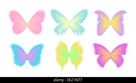Set di adesivi Blurred Gradient Y2K di farfalla. Grafica vettoriale astratta anni '90 - stile anni '2000 Illustrazione Vettoriale