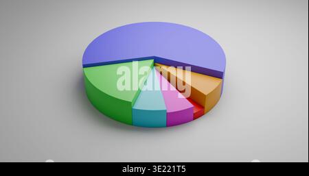 grafico a torta 3d multicolore utilizzato per i rapporti digitali e il confronto dei dati nei moderni layout aziendali. Ideale per presentazioni aziendali o didattiche Foto Stock