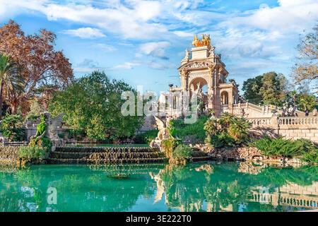 Fontana delle Cascate o cascata nel Parco della Ciutadella a Barcellona in una giornata di sole autunno, Spagna. Famoso punto di riferimento architettonico contro il cielo nuvoloso blu Foto Stock